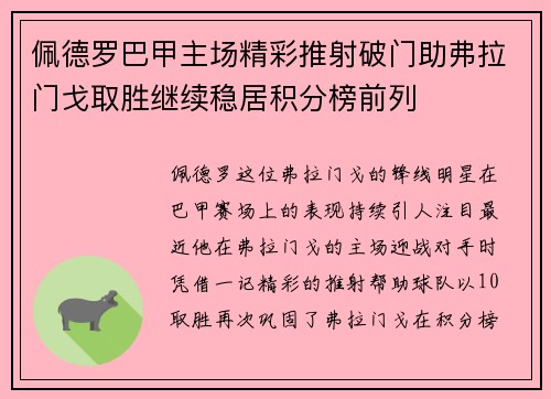 佩德罗巴甲主场精彩推射破门助弗拉门戈取胜继续稳居积分榜前列